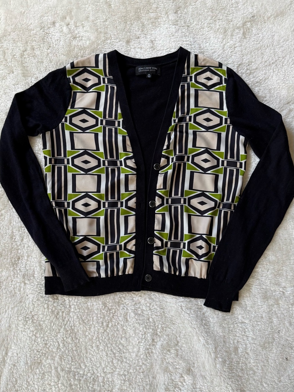 Jones New York Collection Cardigan Sweater Retro Blue Black Pattern Deco S